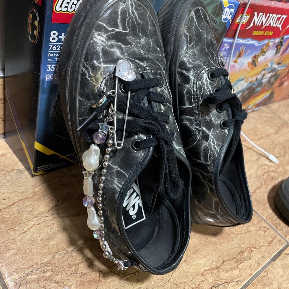 Vans Black Marble Print Low-Top Sneakers with Bead & Charm Accents - Picture 3 of 4